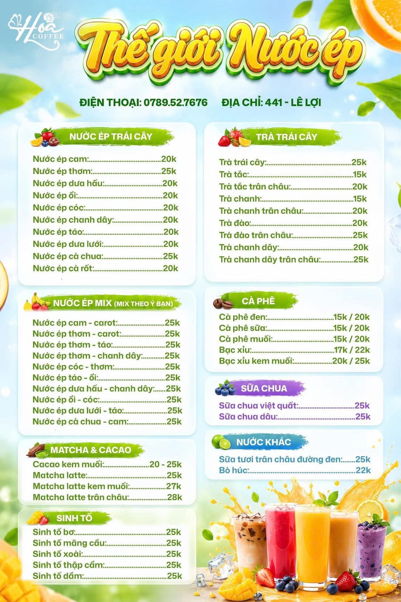 Menu đầy đủ và giá đồ uống Hoa Coffee